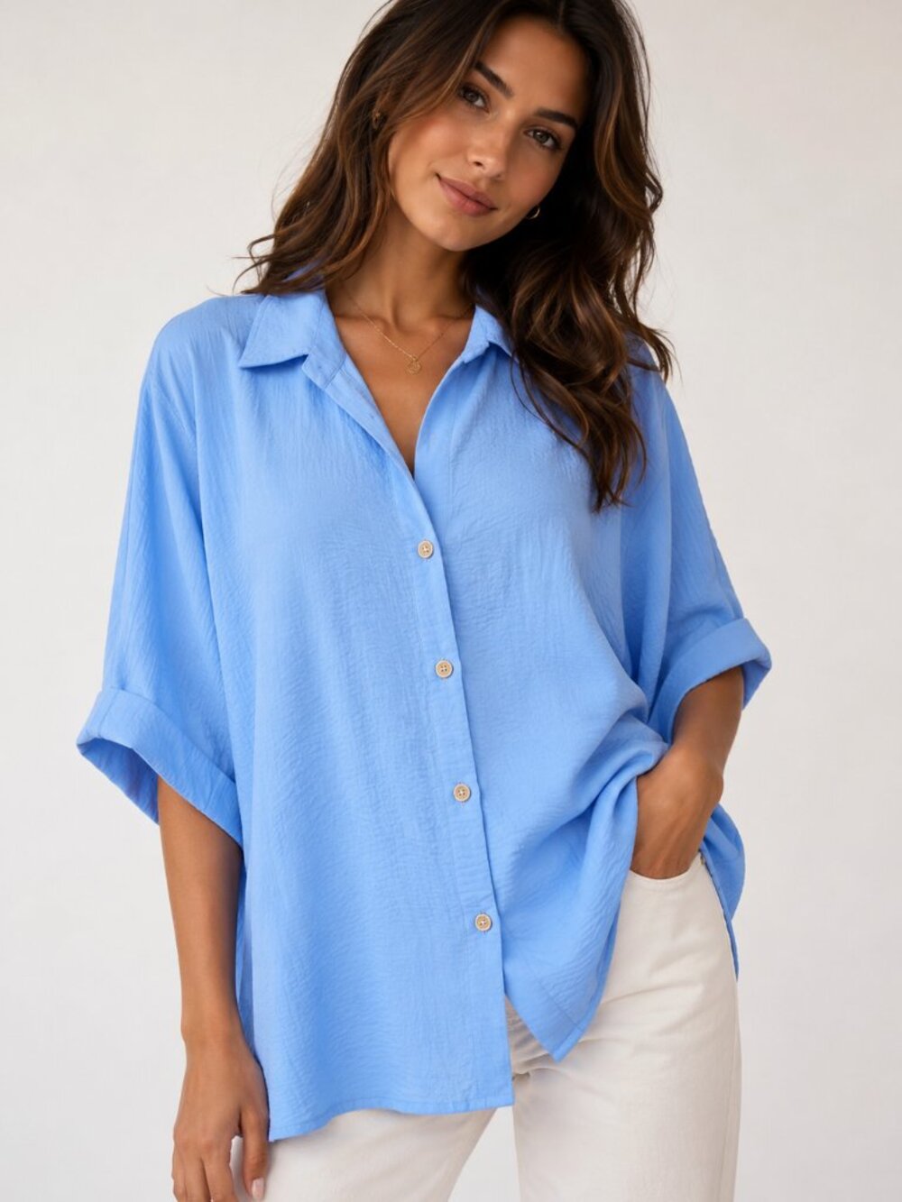 Light Blue Textured Button Front Top L/XL